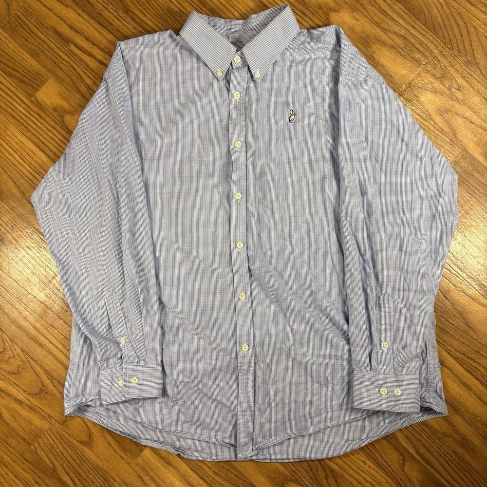 Vintage Mobile Bay Pelican Logo Button Down Shirt Mens XL Blue Gingham USA Made